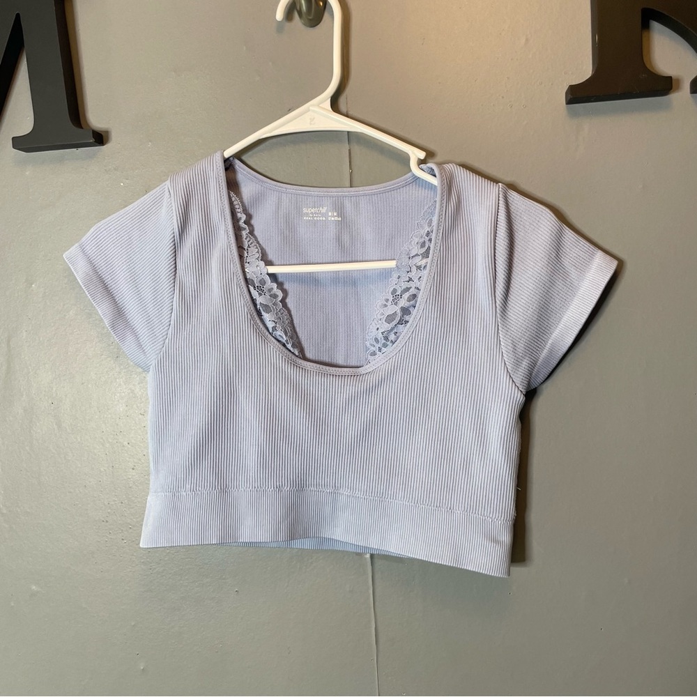 Aerie Offline Light Blue Cropped Compression Top with Lace Detail size medium
